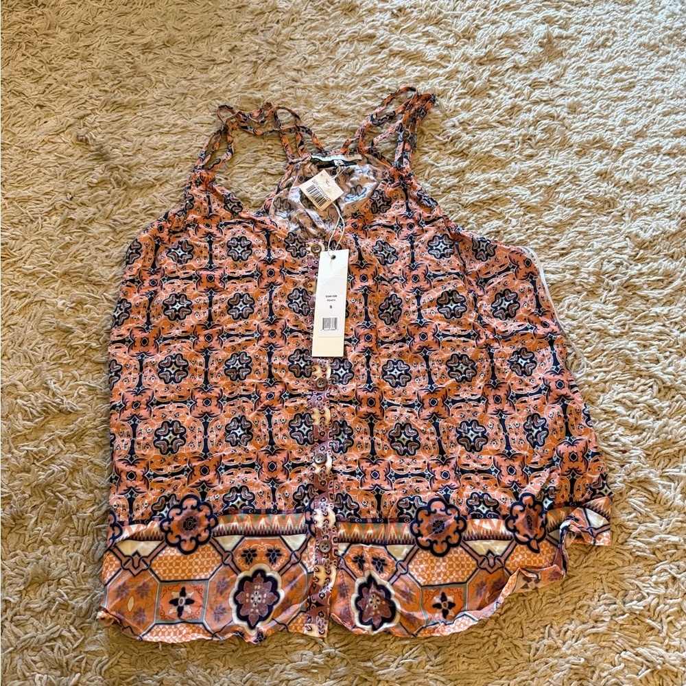 Women's Geometric Print Tank Top - Orange and Black